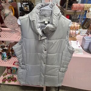 Coldwater Creek Womens Puffer Vest XL Gray Sleeveless Quilted Snap Button Up